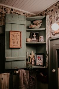 wooden shelf with a sign on the door "Keeper of the Past"