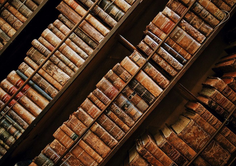 Antiquarian books on a shelf photographed on a diagonal angle.