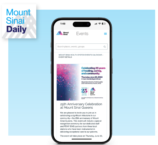 Picture of Mount Sinai Daily mobile app displayed on a mobile phone